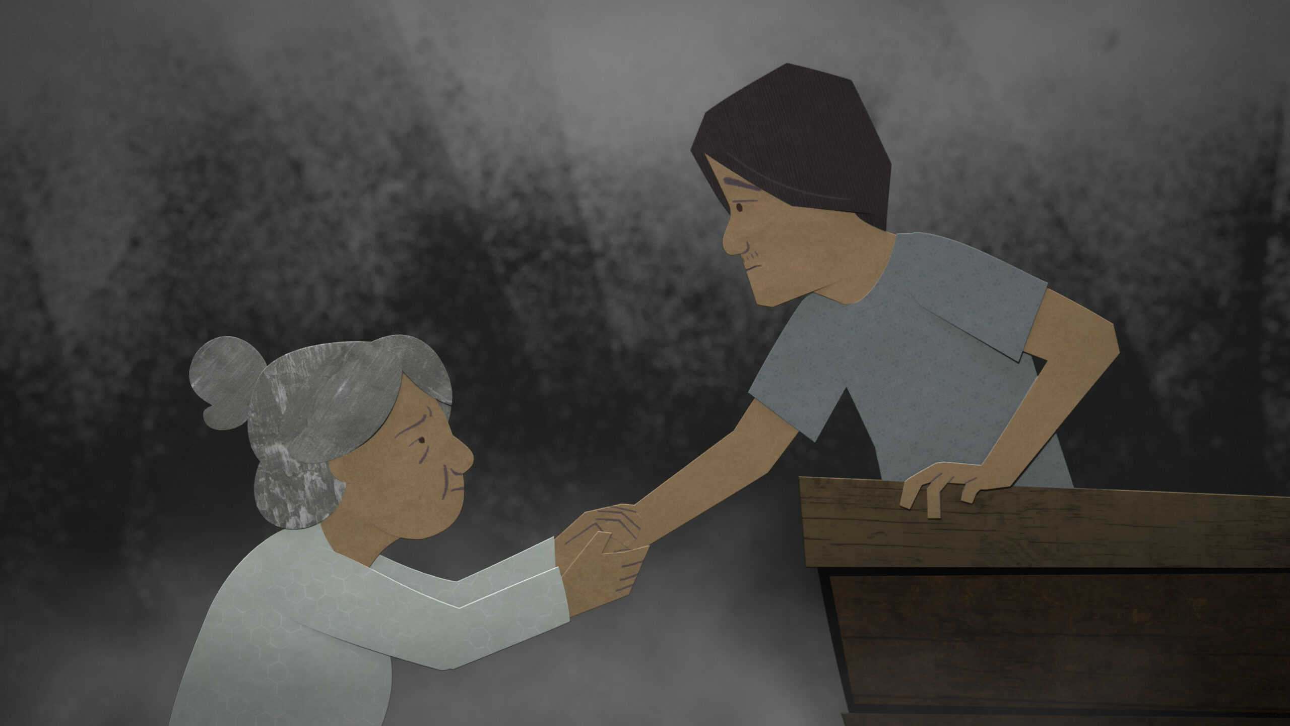 Image from the film Boat People showing one person in a boat giving a hand to an older person outside the boat