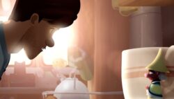In a small kitchen, a face-to-face encounter between a tiny mouse wearing a pointed hat—dwarfed by a nearby cup—and a man with brown hair.