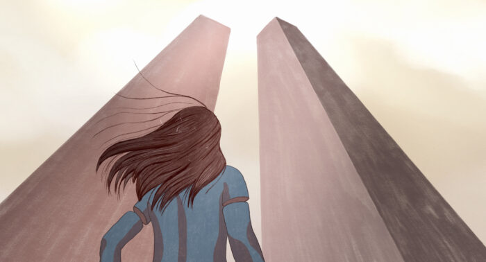Promotional artwork for the film Hipersensible. A lone figure stands in the foreground, with arms appearing detached from the body. Behind them rise two massive monolithic structures resembling enormous windowless towers stretching upward into a sky filled with yellow hues, creating a surreal and unsettling atmosphere.